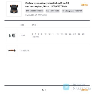 Zestaw wycinaków rymiarskich od 3 do 30 mm z uchwytem, 16-cz., 1105/C16T Beta