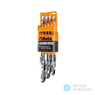 Zestaw 9 kluczy płasko-oczkowych przegubowych z grzechotką dwukierunkową 8-19 mm, 142SN/SC9 Beta