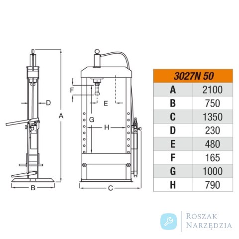 Prasa warsztatowa hydrauliczna 50 t z ruchomym tłokiem, 3027N/50 Beta