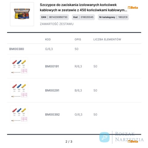 Szczypce do zaciskania izolowanych końcówek kablowych w zestawie z 450 końcówkami kablowymi, 1602/C9 Beta