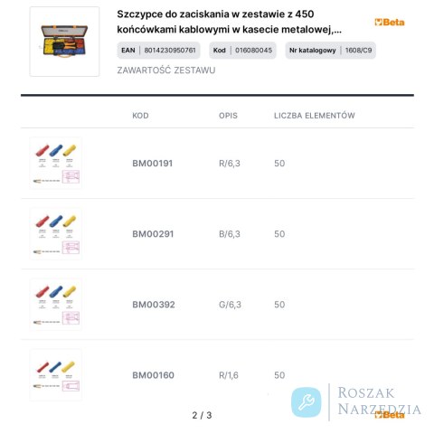 Szczypce do zaciskania w zestawie z 450 końcówkami kablowymi w kasecie metalowej, 1608/C9 Beta