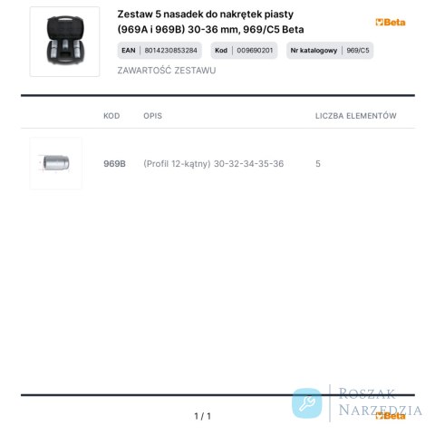 Zestaw 5 nasadek do nakrętek piasty (969A i 969B) 30-36 mm, 969/C5 Beta