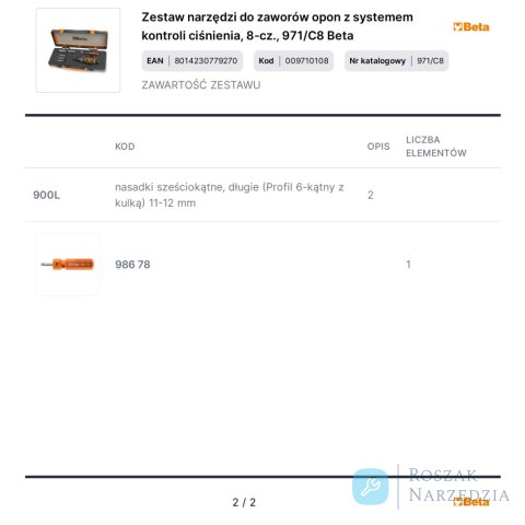 Zestaw narzędzi do zaworów opon z systemem kontroli ciśnienia, 8-cz., 971/C8 Beta