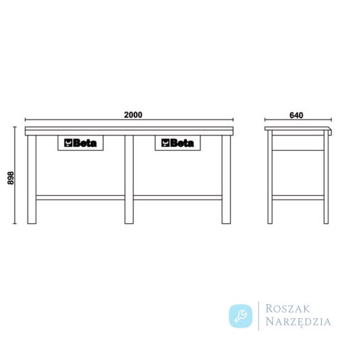 Stół warsztatowy 2 szuflady z blatem z blachy 930x2000x640 mm, czerwony, 5600/C56R Beta