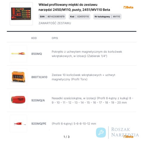 Wkład profilowany miękki do zestawu narzędzi 2450/M110, pusty, 2451/MV110 Beta