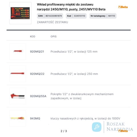 Wkład profilowany miękki do zestawu narzędzi 2450/M110, pusty, 2451/MV110 Beta