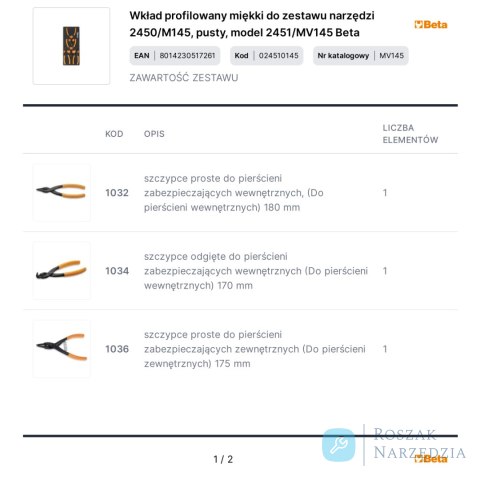 Wkład profilowany miękki do zestawu narzędzi 2450/M145, pusty, model 2451/MV145 Beta