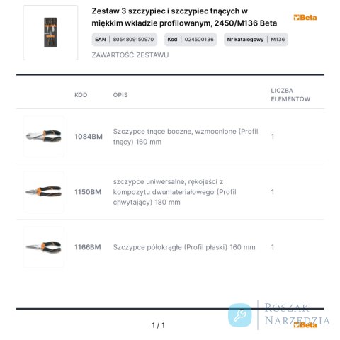 Zestaw 3 szczypiec i szczypiec tnących w miękkim wkładzie profilowanym, 2450/M136 Beta