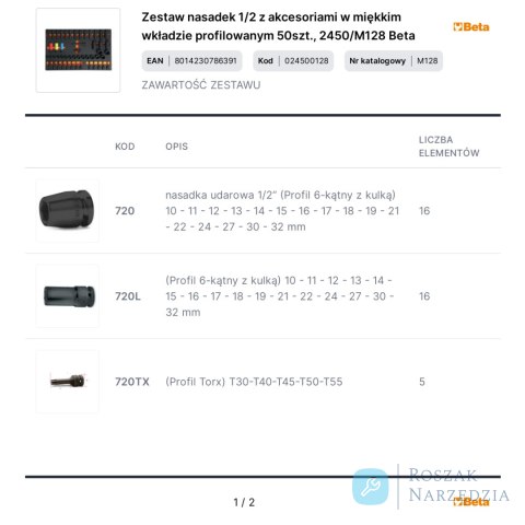 Zestaw nasadek 1/2 z akcesoriami w miękkim wkładzie profilowanym 50szt., 2450/M128 Beta