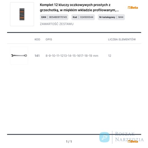 Komplet 12 kluczy oczkowywych prostych z grzechotką, w miękkim wkładzie profilowanym, 2450/M44 Beta