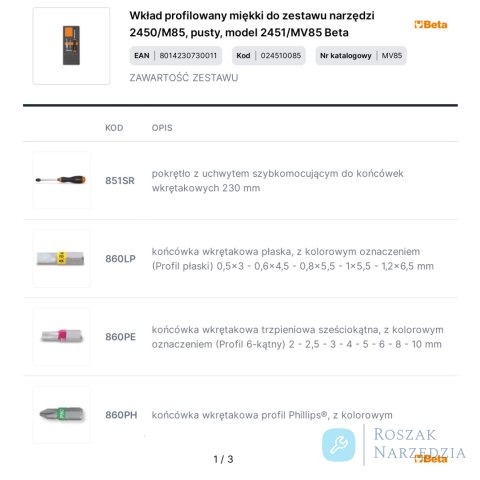 Wkład profilowany miękki do zestawu narzędzi 2450/M85, pusty, model 2451/MV85 Beta