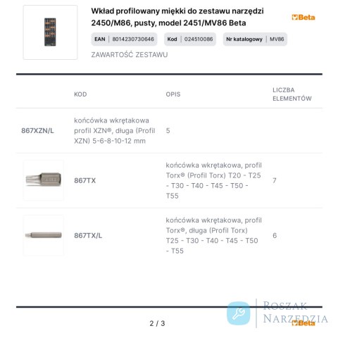 Wkład profilowany miękki do zestawu narzędzi 2450/M86, pusty, model 2451/MV86 Beta