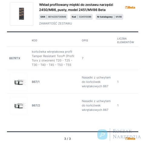 Wkład profilowany miękki do zestawu narzędzi 2450/M86, pusty, model 2451/MV86 Beta