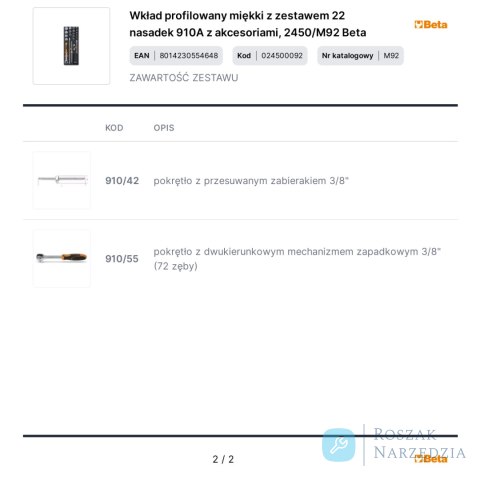 Wkład profilowany miękki z zestawem 22 nasadek 910A z akcesoriami, 2450/M92 Beta