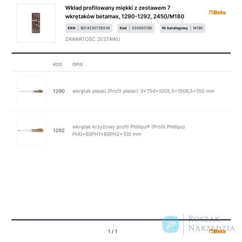 Wkład profilowany miękki z zestawem 7 wkrętaków betamax, 1290-1292, 2450/M180