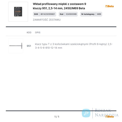 Wkład profilowany miękki z zestawem 9 kluczy 951, 2,5-14 mm, 2450/M69 Beta