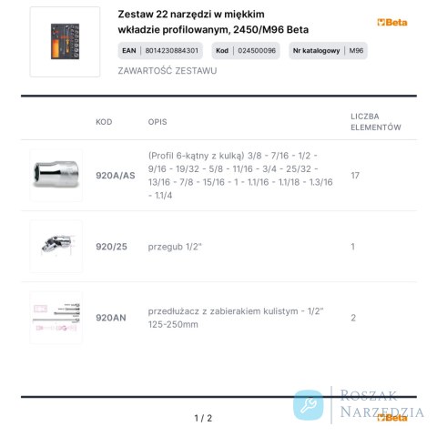 Zestaw 22 narzędzi w miękkim wkładzie profilowanym, 2450/M96 Beta