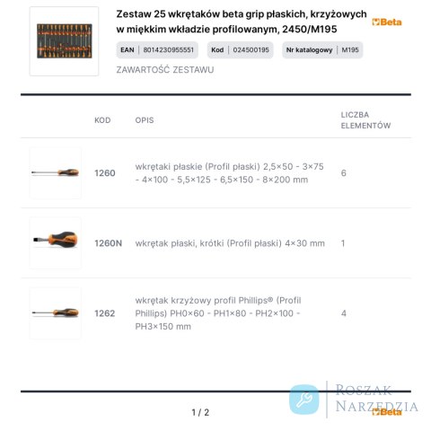 Zestaw 25 wkrętaków beta grip płaskich, krzyżowych w miękkim wkładzie profilowanym, 2450/M195