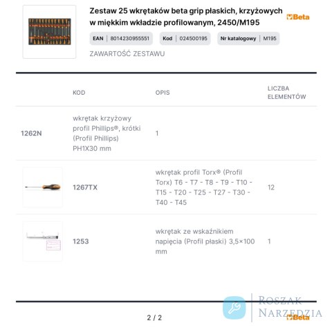 Zestaw 25 wkrętaków beta grip płaskich, krzyżowych w miękkim wkładzie profilowanym, 2450/M195