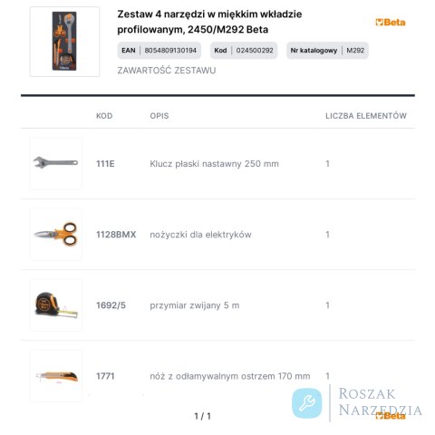 Zestaw 4 narzędzi w miękkim wkładzie profilowanym, 2450/M292 Beta
