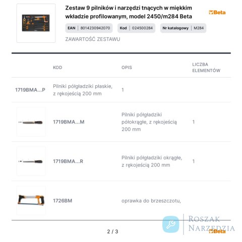 Zestaw 9 pilników i narzędzi tnących w miękkim wkładzie profilowanym, model 2450/m284 Beta