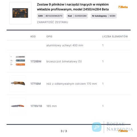 Zestaw 9 pilników i narzędzi tnących w miękkim wkładzie profilowanym, model 2450/m284 Beta