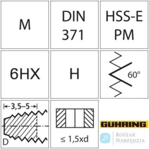 Gwintownik maszynowy DIN371 HSSE -PM TiCN HRC55kszt.D M3 GÜHRING