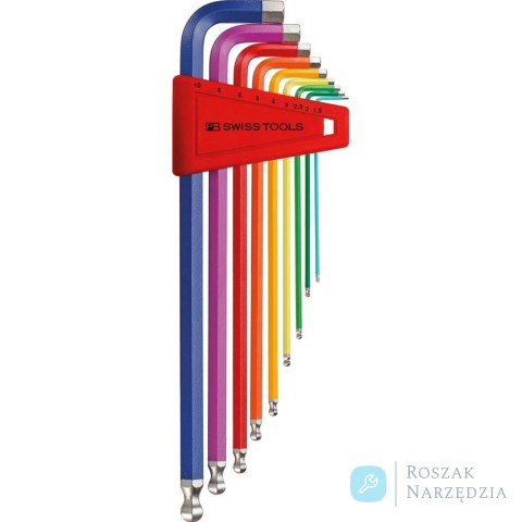 Zestaw kluczy trzpieniowych kątowych w uchwycie z tworzywa 9-częściowy, 1,5-10mm Rainbow końcówka kulista PB Swiss Tools