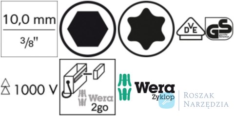 Zestaw wkrętak.końców.wym. 3/8"  VDE  T20-45 i do śrub z gniaz. 6-kąt. 4-8mm Wera