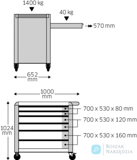 Wózek warsztatowy TTS 6-szufl. antracytowy z nakładkami; 1000x1024x652mm, max obciążenie: 40kg na szufladę; 1400 kg na wózek; Wózek warsztatowy TTS 6-szufl. antracytowy z nakładkami; 1000x1024x652mm, max obciążenie: 40kg na szufladę; 1400 kg na wózek;