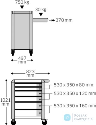 Wózek warsztatowy TTS 6-szufl.niebieski z nakładkami, 1021x823x 497 mm; max obciążenie: 30kg na szufladę; 750 kg na wózek STAH