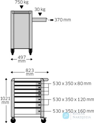 Wózek warsztatowy TTS 7-szufl. antracytowy z nakładkami, 1021x823x 497 mm; max obciążenie: 30kg na szufladę; 750 kg na wózek ST