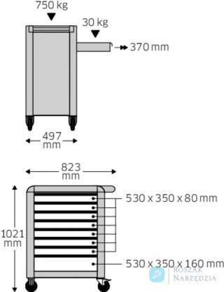 Wózek warsztatowy TTS 8-szufl. antracytowy z nakładkami, 1021x823x 497 mm; max obciążenie: 30kg na szufladę; 750 kg na wózek ST