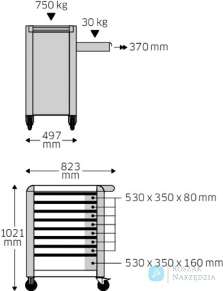 Wózek warsztatowy TTS Basic 8-szufl. niebieski z nakładkami; 823x497x1021mm, max obciążenie: 30kg na szufladę; 750 kg na wózek